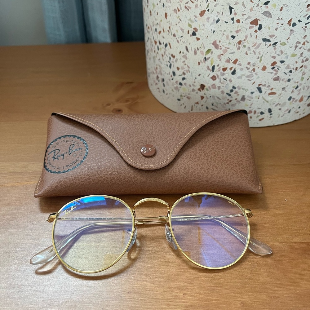 Ray-Ban Gold Rim Blue Light Glasses with Brown Case